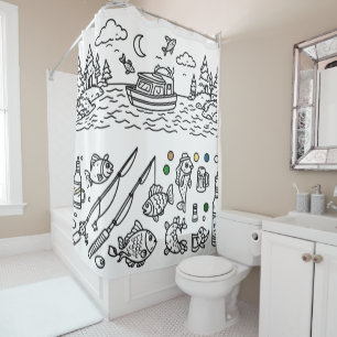 Fun Fishing Adventure Doodle Art Shower Curtain