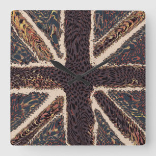 Fun Flag Art Brown Union Jack Animal Print  Square Wall Clock