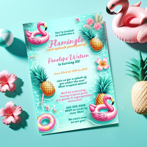 Fun Flamingo and Pineapple Summer Pool Party Invitation