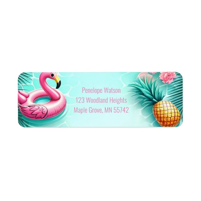 Fun Flamingo and Pineapple Summer Pool Party Label (Front)