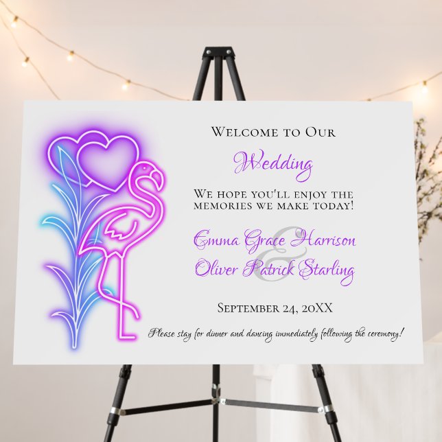 Fun Flamingo & Hearts Wedding Welcome Sign (In Situ (Stand))