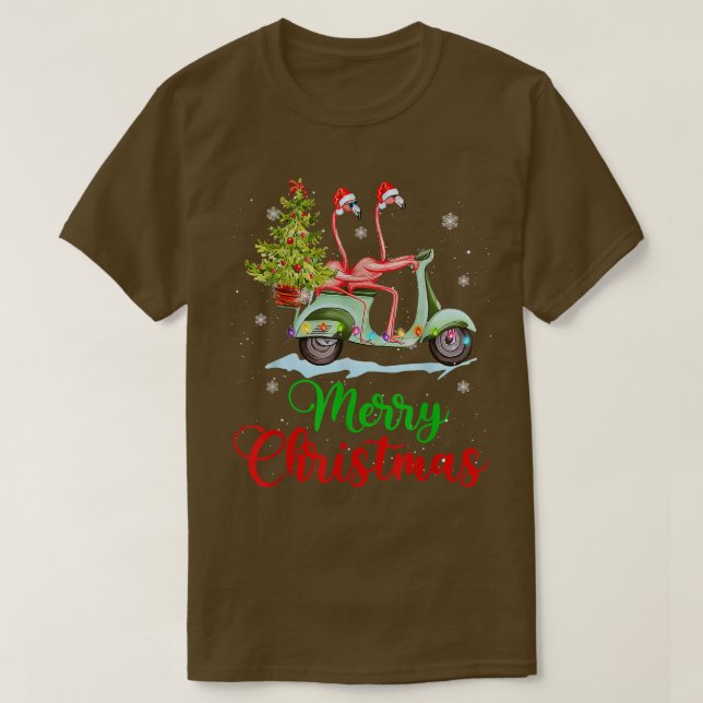 Fun Flamingo Santa Hat Xmas Light Motobike Christm T-Shirt (Design Front)