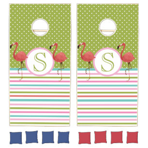 Fun Flamingo Striped Dots Monogram Cornhole Set