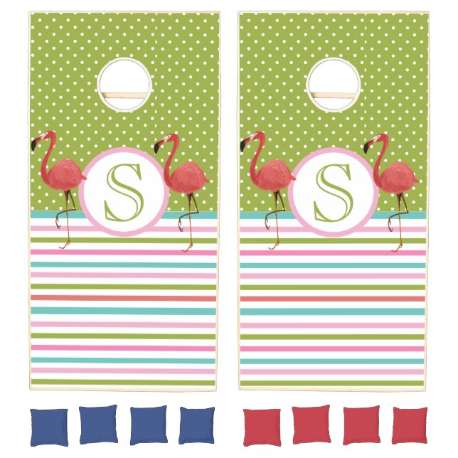 Fun Flamingo Striped Dots Monogram Cornhole Set (Set)