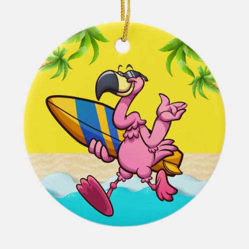 Fun Flamingo Surfer Ceramic Ornament