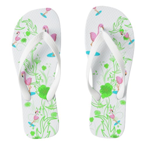 Fun flamingos and green vines flip flops