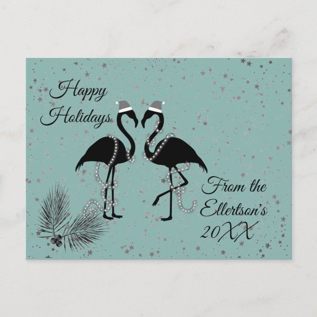 Fun Flamingos Christmas Glittery Stars Holiday Postcard (Front)