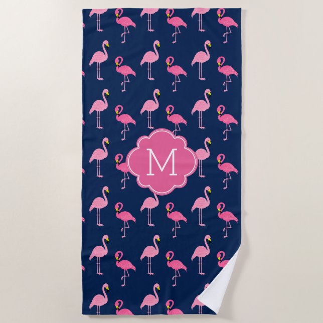 Fun Flamingos Pattern Monogrammed Beach Towel (Front)