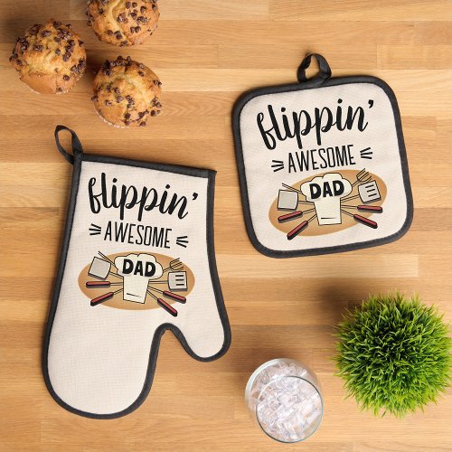 Fun Flipping Awesome Dad BBQ Oven Mitt  Pot Holder Set