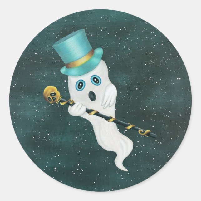 Fun Floating Ghost Aqua Top Hat Skull Cane in Sky Classic Round Sticker (Front)
