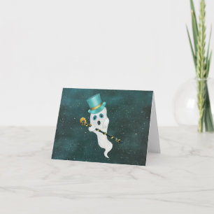 Fun Floating Ghost in Sky Blue Green Hat Skull Card