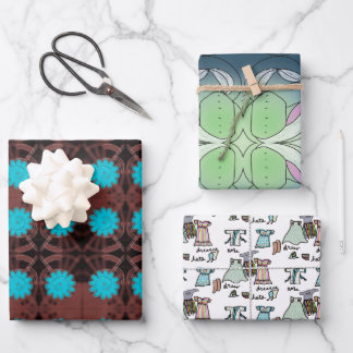 fun floral and clothes, bright blue and brown wrapping paper sheets