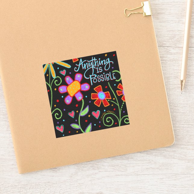 Fun Floral Anything is Possible Black Trendy Sticker (Notebook)