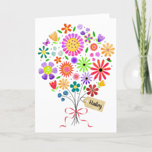 Fun Floral Bouquet with Name Card Birthday Card