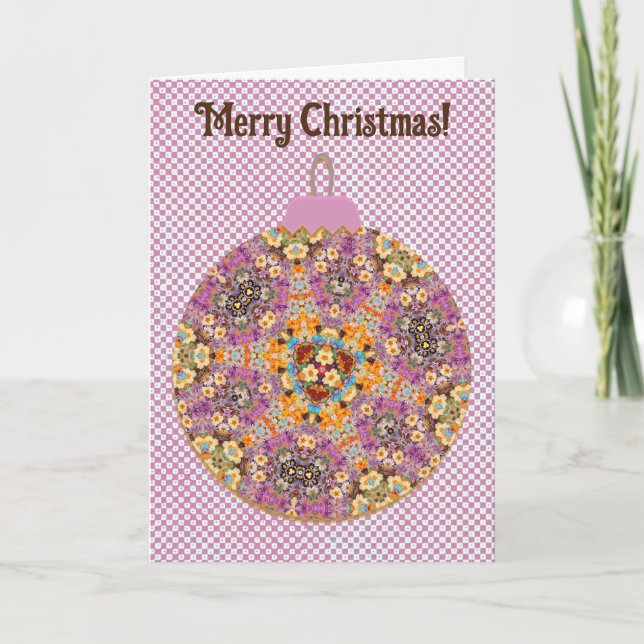 Fun Floral Christmas Ornament Card in Pink (Front)