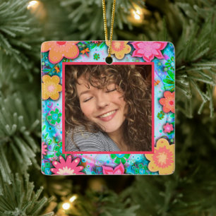 Fun Floral Custom Photo Name Date Ceramic Ornament