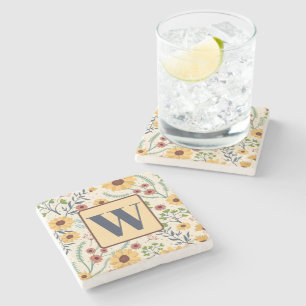 Fun Floral Daisy Pattern Custom Initial Stone Coaster