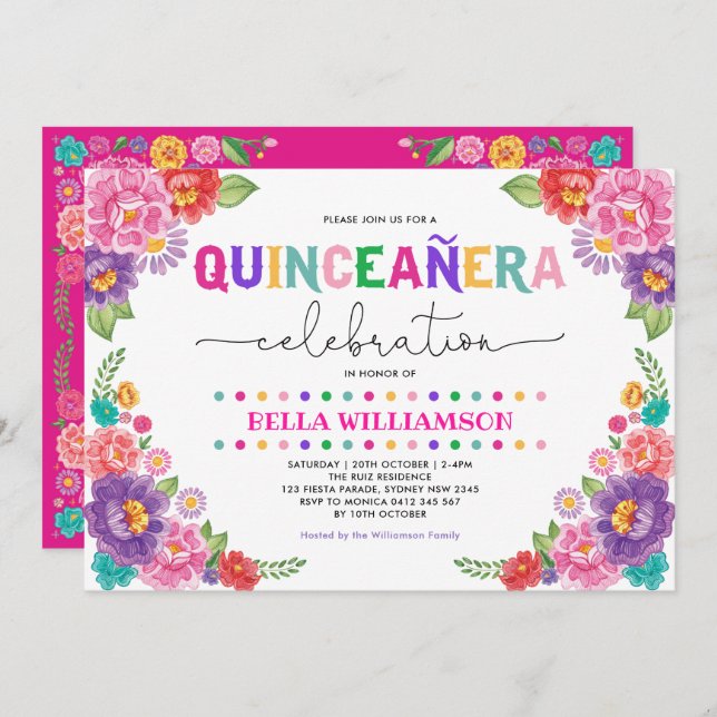 Fun Floral Fiesta Quinceañera 15th Birthday Party Invitation (Front/Back)