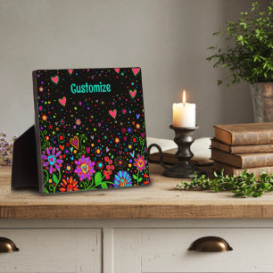 Fun Floral Heart Whimsical Personalized Black Plaque