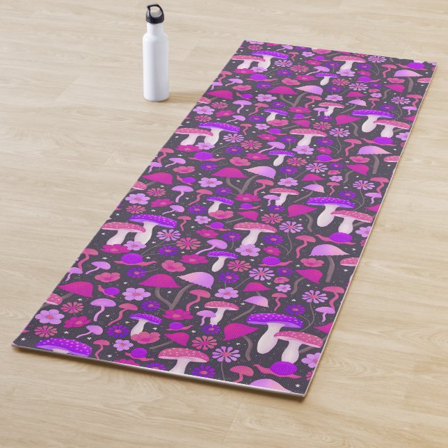 Fun Floral Mushrooms Pink, Purple & Black Yoga Mat (In Situ)