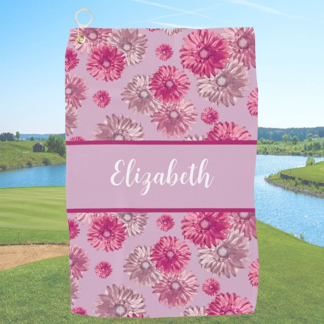Fun floral pink personalized name gift for golfer golf towel (Creator Uploaded)