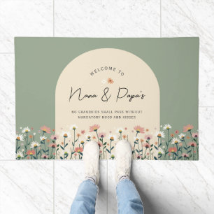 Fun Floral Sage Green Personalized Grandparents Doormat