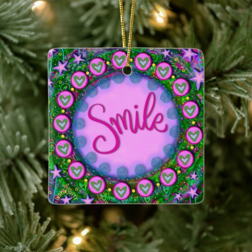 Fun Floral Smile Purple Pretty Heart Inspirivity   Ceramic Ornament