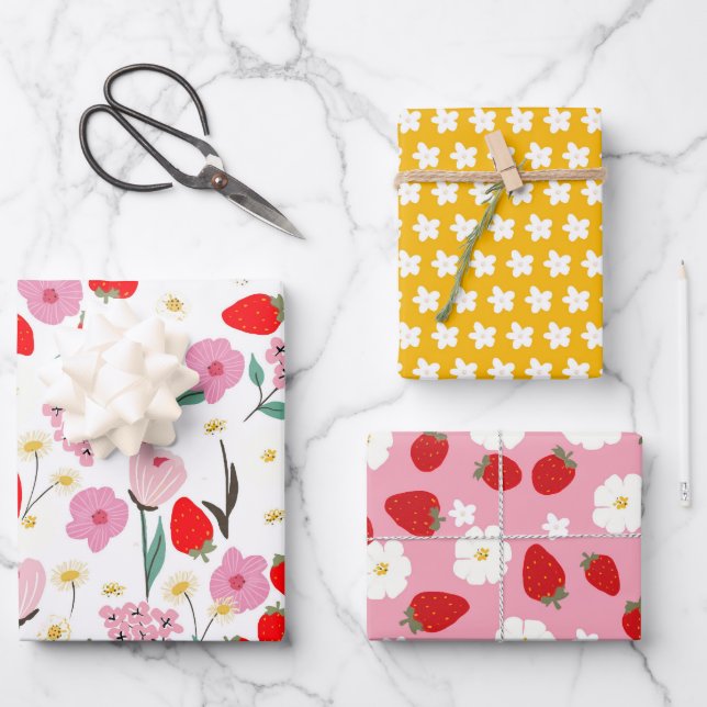 Fun Floral Strawberry Dream Wrapping Paper Sheets (Front)