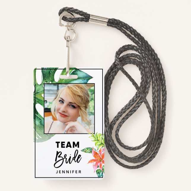 Fun Floral Tropical Team Bride Bachelorette Party Badge (Front with Lanyard)