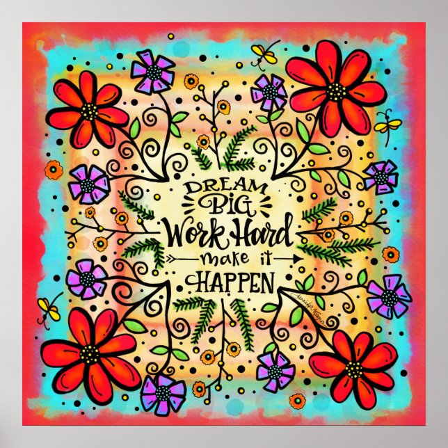 Fun Floral “Work Hard” Inspirational Classroom Poster (Front)