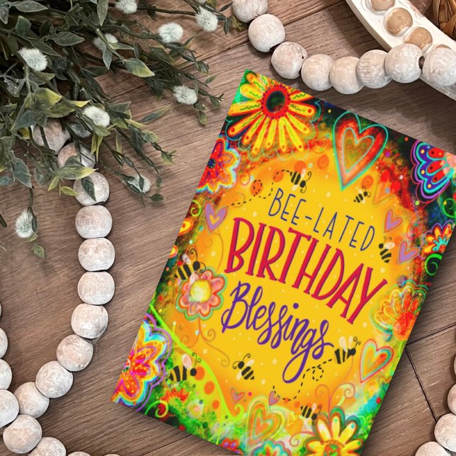 Fun Floral Yellow Bee-lated Birthday Blessings  Card (Creator Uploaded)