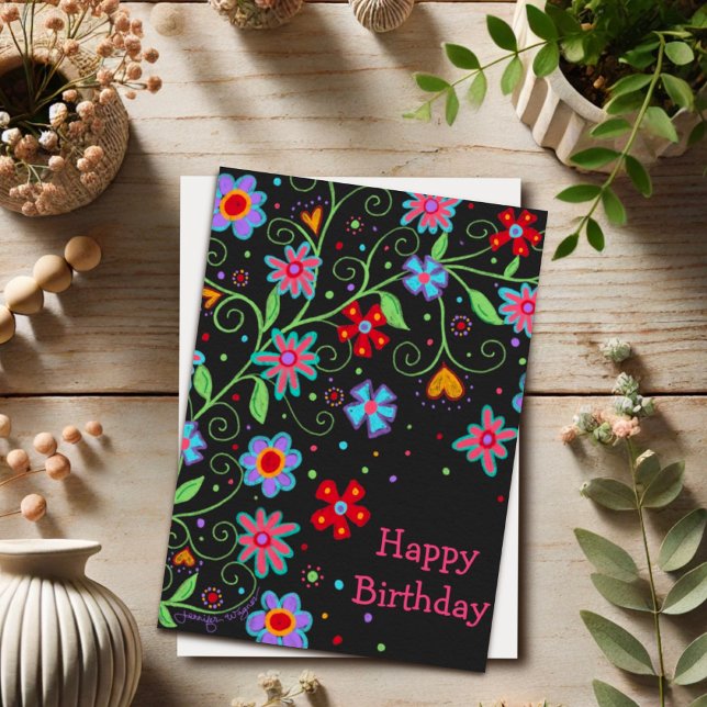 Fun Flowers and Hearts Black Happy Birthday Card (Creator Uploaded)