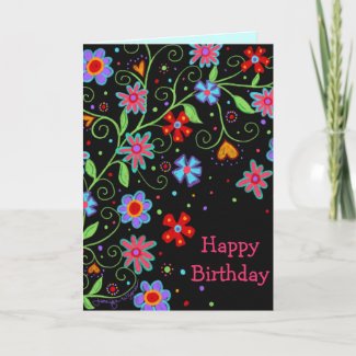 Fun Flowers and Hearts Black Happy Birthday Card