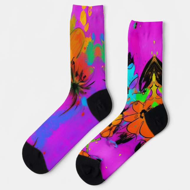 Fun flowers colorful abstract orange fuchsia kitty socks (Left)
