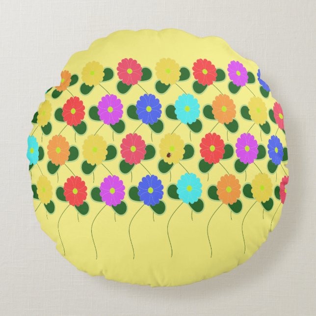 Fun Flowers on Lemon Round Pillow (Front)