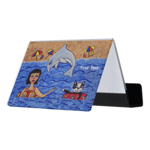 Fun Folk Art Lady Cat Swimming with Dolphin Desk Business Card Holder