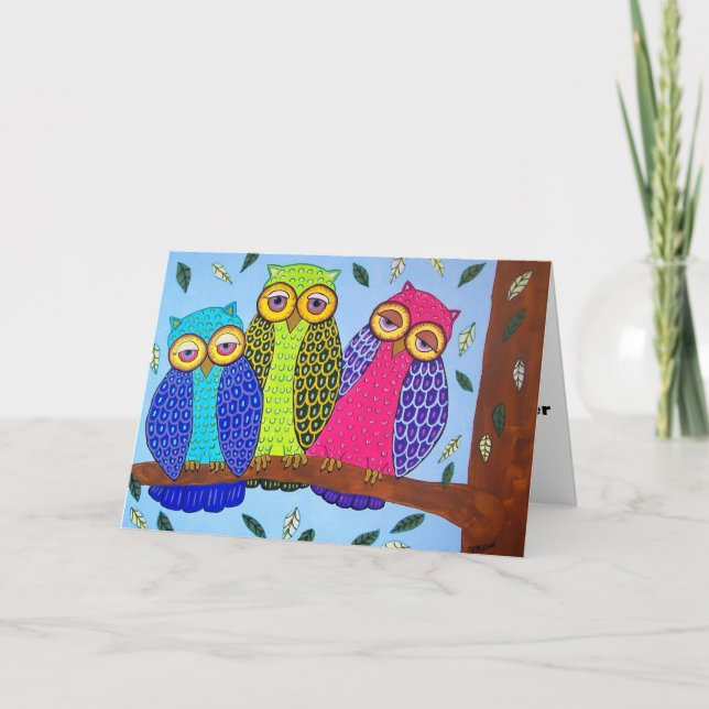 Fun Folk Art  Owls Mother's Day Card (Front)