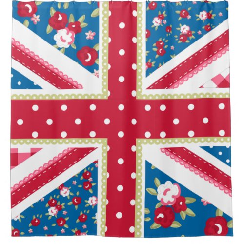 Fun Folk Quilt British Union Jack Flowers Shower Curtain