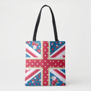 Fun Folk Quilt British Union Jack Flowers Tote Bag
