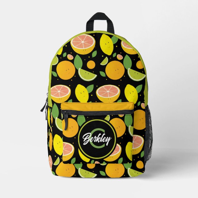Fun Food Fruit Kids Name Monogram Printed Backpack (Front)