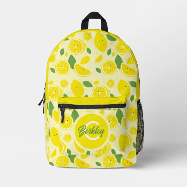 Fun Food Fruit Lemon Kids Name Monogram Printed Backpack (Front)