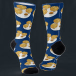 Fun Food Smiling Latkes Hanukkah Socks<br><div class="desc">Novelty Hanukkah socks with a pattern of plates of smiling latkes with apple sauce and sour cream on a blue background.

Fun Food Smiling Latkes Hanukkah Socks
Sweetsham Food Art   |   ©Melissa Patton - Designer/Illustrator</div>