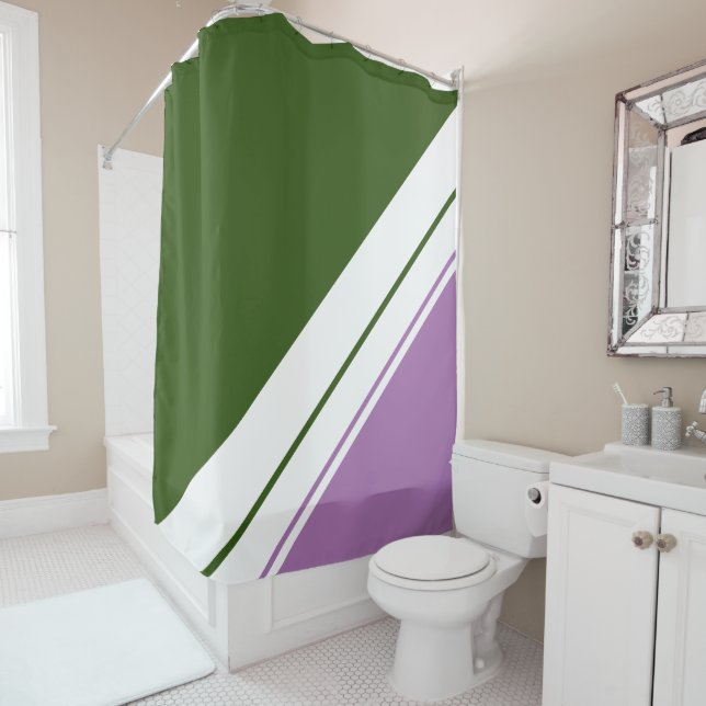 Fun Forest Green Lavender White Racing Stripes Shower Curtain (In Situ)