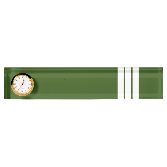 Fun Forest Green Triple White Racing Stripes Clock Desk Name Plate (Front)