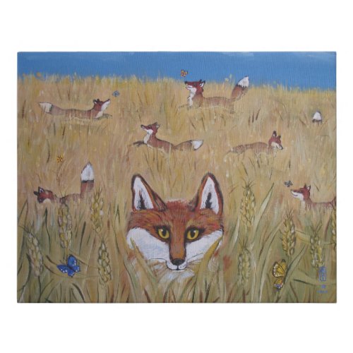 Fun Fox Art Vixens in Wheat Field Signed Painting Faux Canvas Print