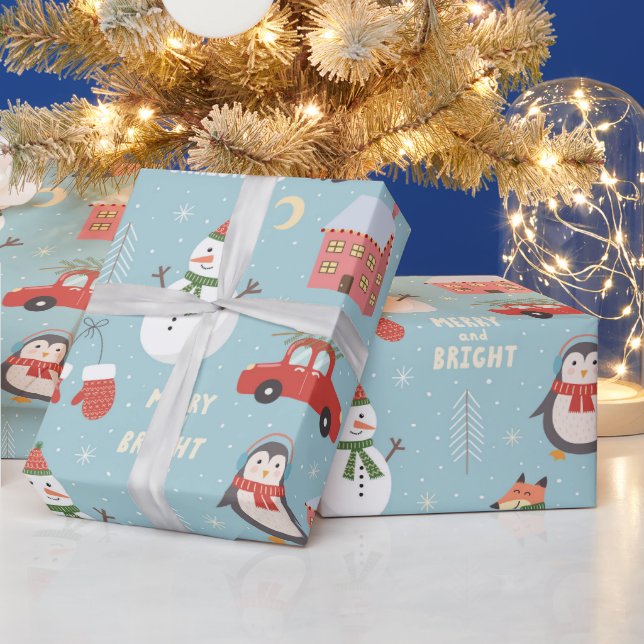 Fun Fox Snowman Penguin and Car Christmas Wrapping Paper (Holidays)