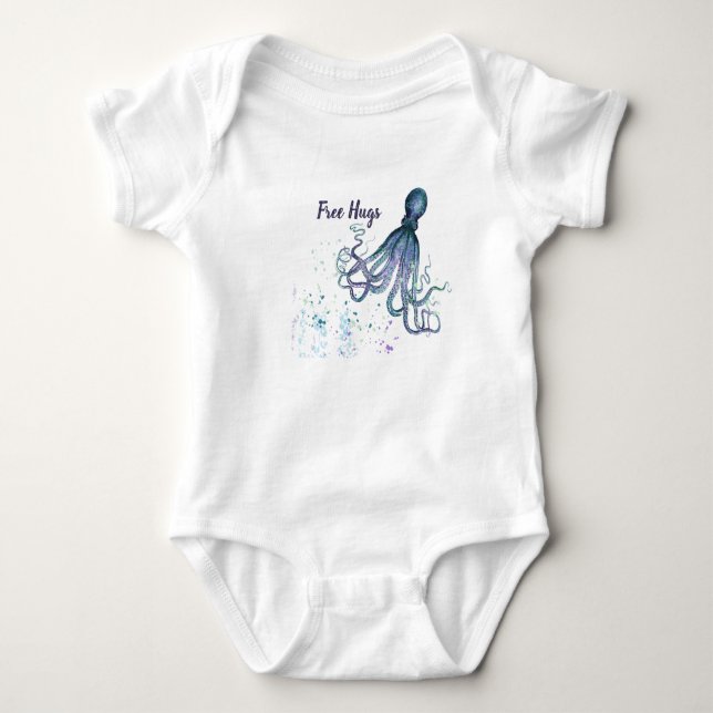 Fun Free Hugs Quote with Octopus Cute Ocean Animal Baby Bodysuit (Front)
