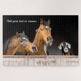 Fun friend photo of horses & a goat in a stable: jigsaw puzzle