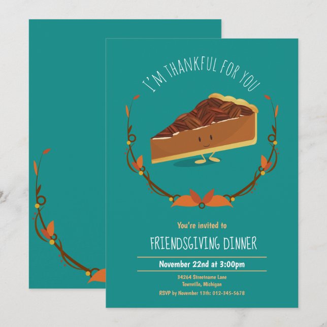 Fun Friendsgiving Pecan Pie Teal Holiday Invitation (Front/Back)
