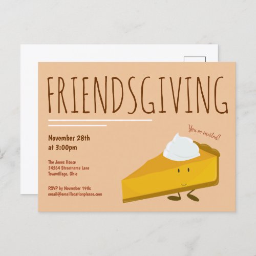 Fun Friendsgiving Smiling Pumpkin Pie Holiday Invitation Postcard